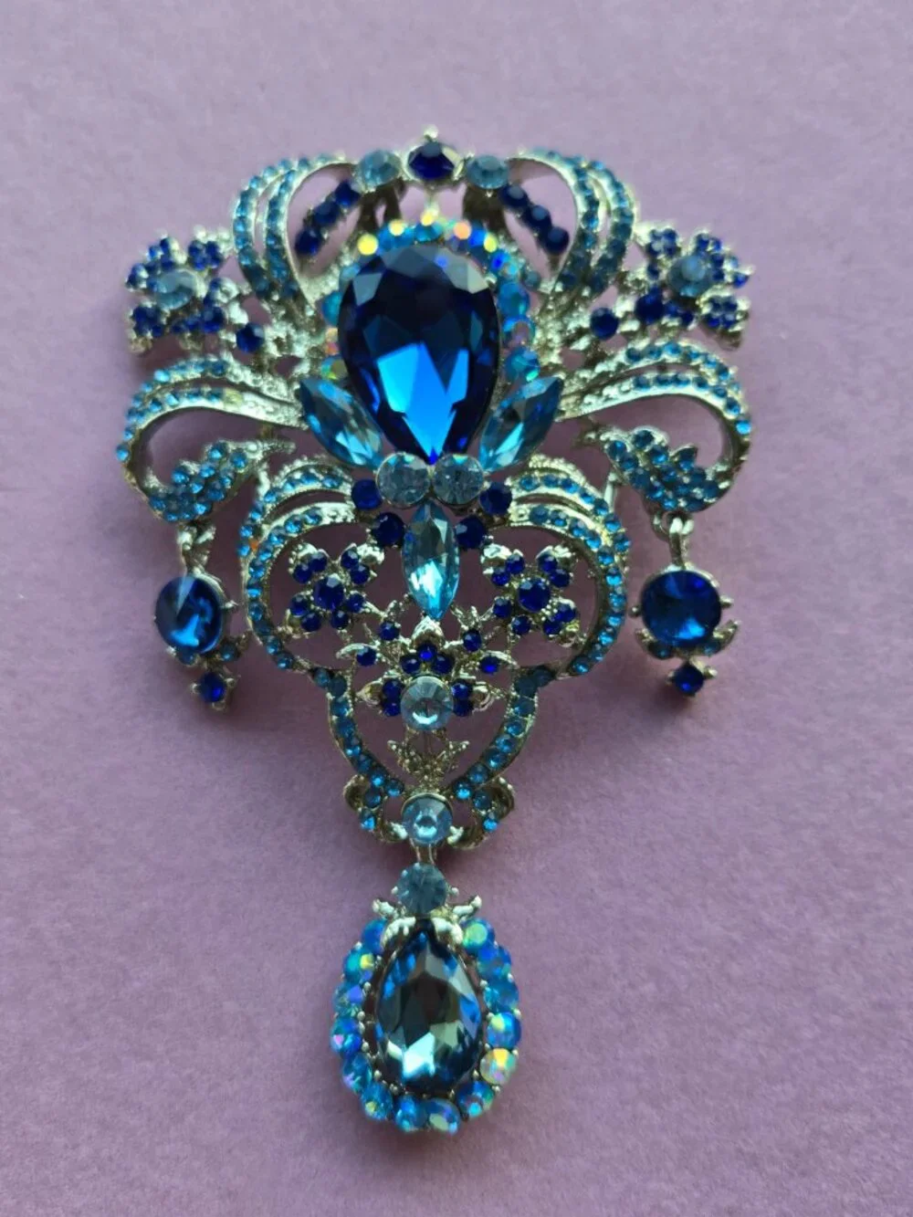 Bejewelled Blue Crystal Ornate Brooch Romantic Victorian Style